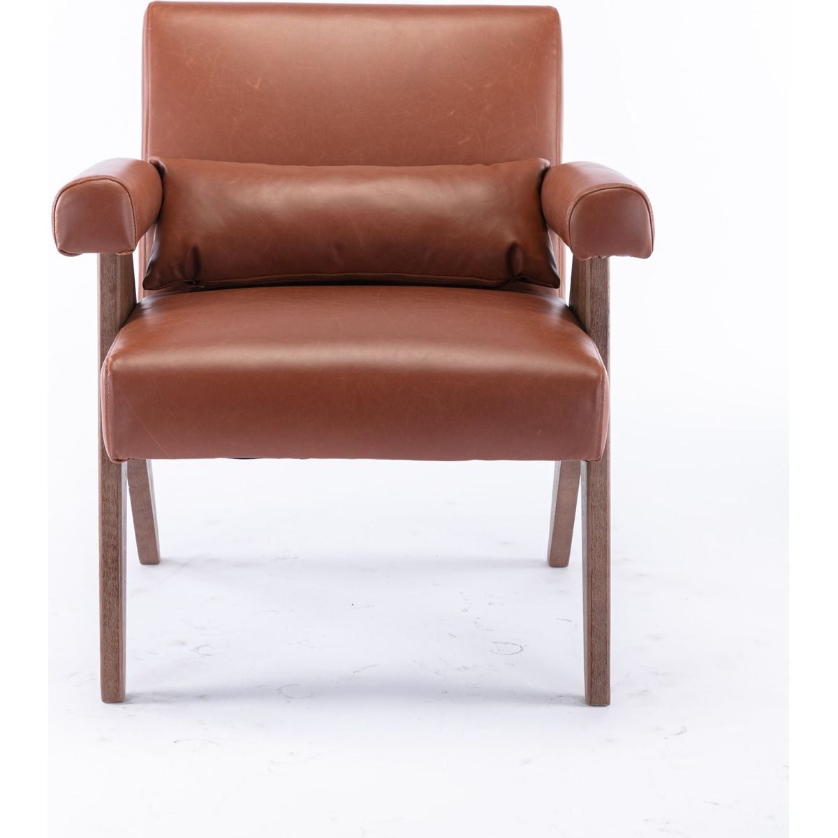 Accent chair, KD rubber wood legs with Walnut finish. PU leather cover the seat. With a cushion.Brown