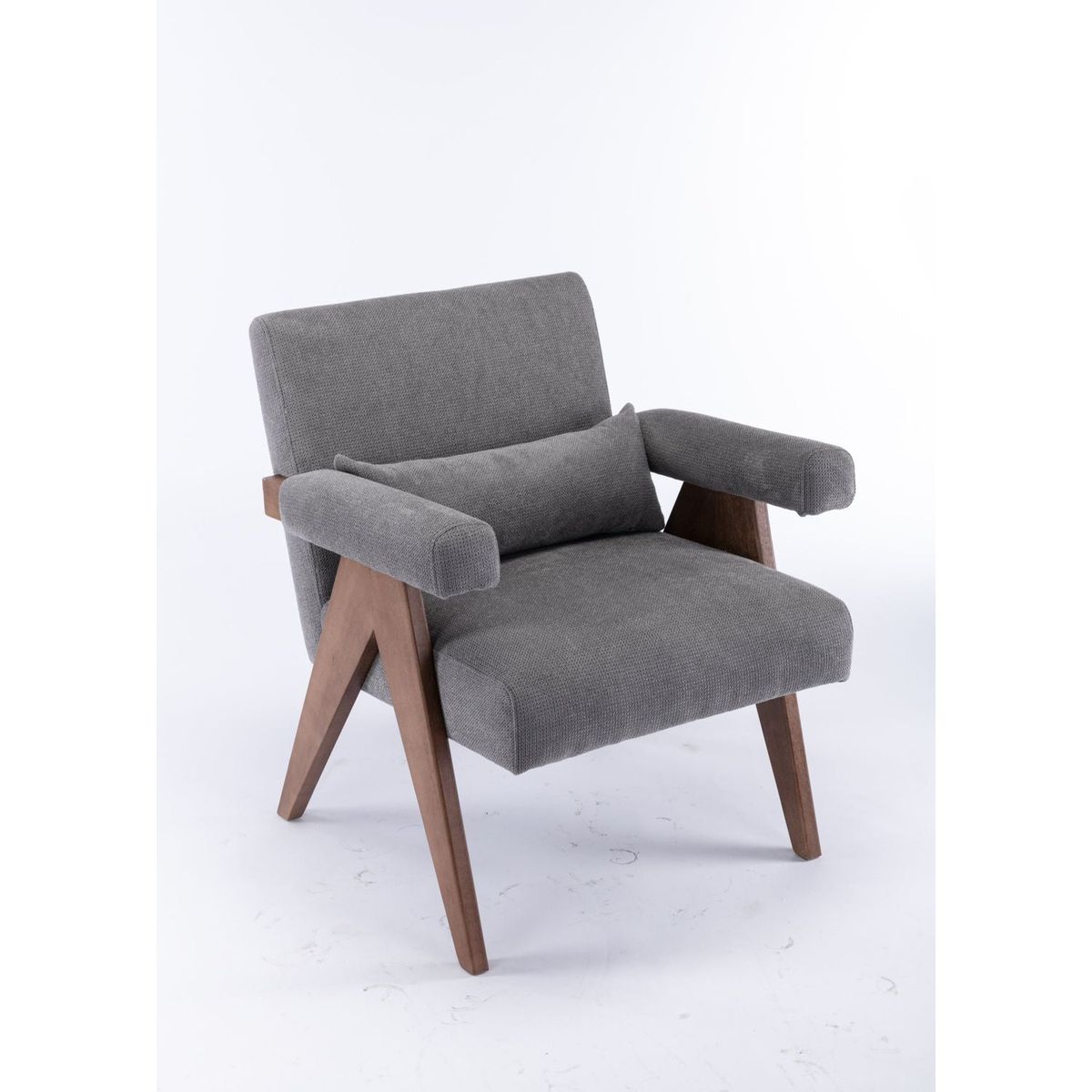 Accent chair, KD rubber wood legs with Walnut finish. Fabric cover the seat. With a cushion.Grey