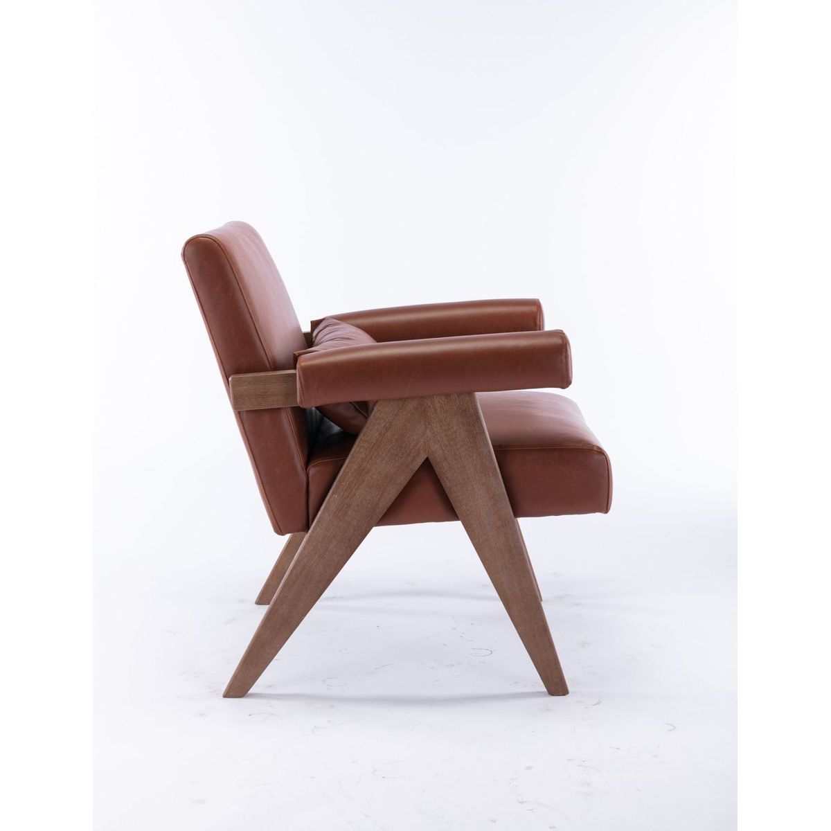 Accent chair, KD rubber wood legs with Walnut finish. PU leather cover the seat. With a cushion.Brown