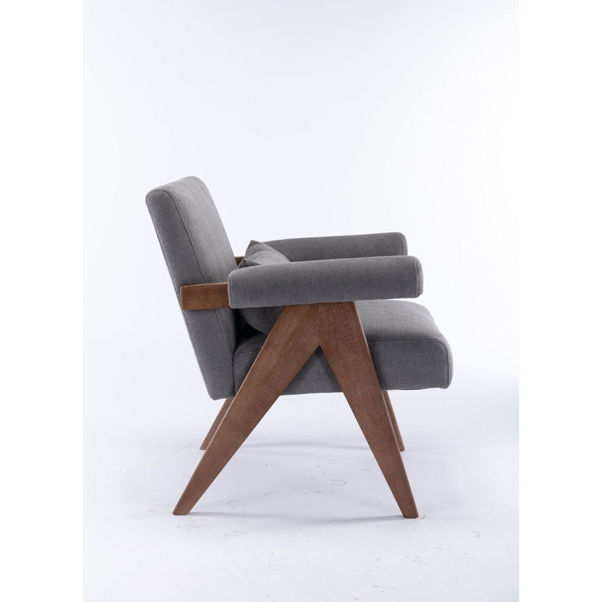 Accent chair, KD rubber wood legs with Walnut finish. Fabric cover the seat. With a cushion.Grey