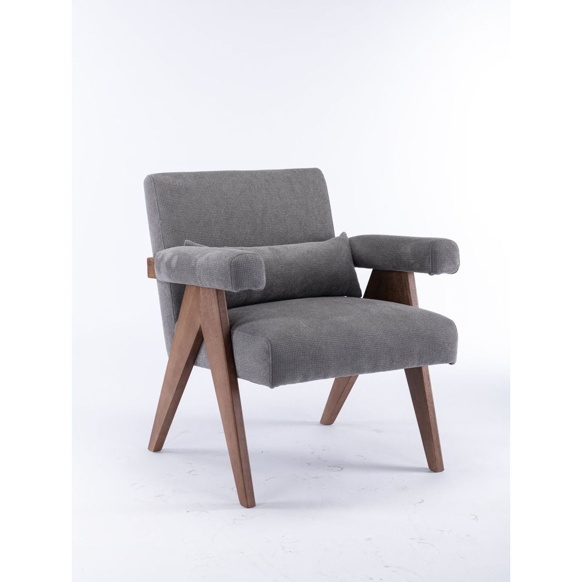 Accent chair, KD rubber wood legs with Walnut finish. Fabric cover the seat. With a cushion.Grey