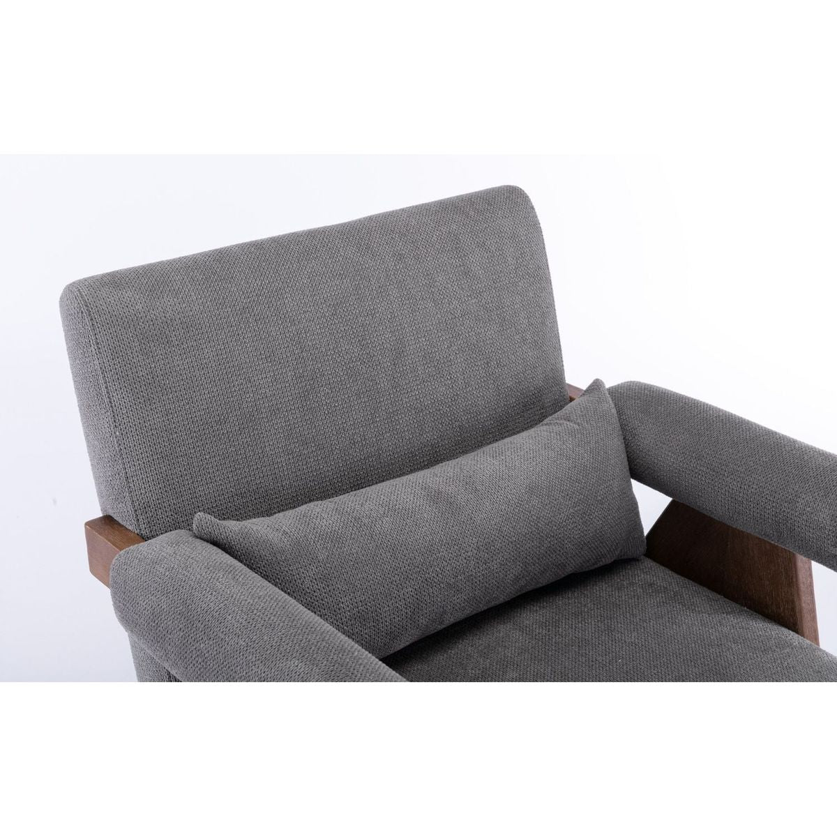 Accent chair, KD rubber wood legs with Walnut finish. Fabric cover the seat. With a cushion.Grey