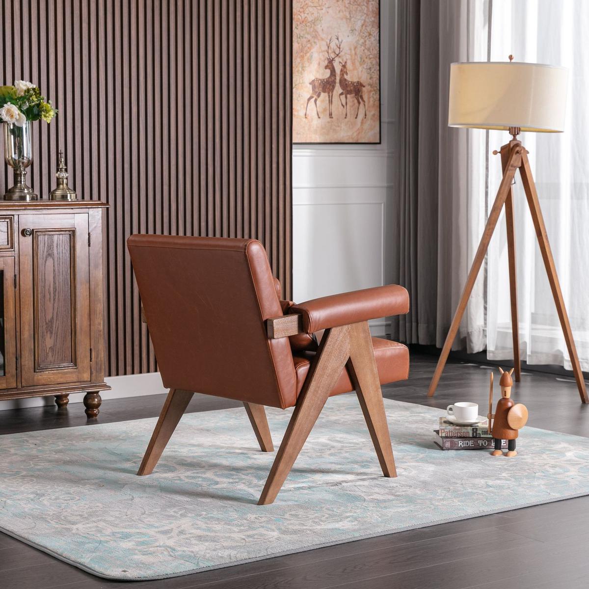 Accent chair, KD rubber wood legs with Walnut finish. PU leather cover the seat. With a cushion.Brown