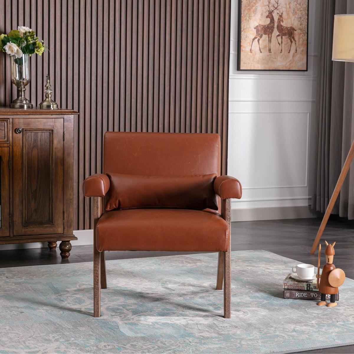 Accent chair, KD rubber wood legs with Walnut finish. PU leather cover the seat. With a cushion.Brown