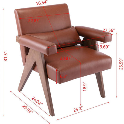 Accent chair, KD rubber wood legs with Walnut finish. PU leather cover the seat. With a cushion.Brown