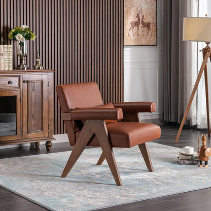 Accent chair, KD rubber wood legs with Walnut finish. PU leather cover the seat. With a cushion.Brown