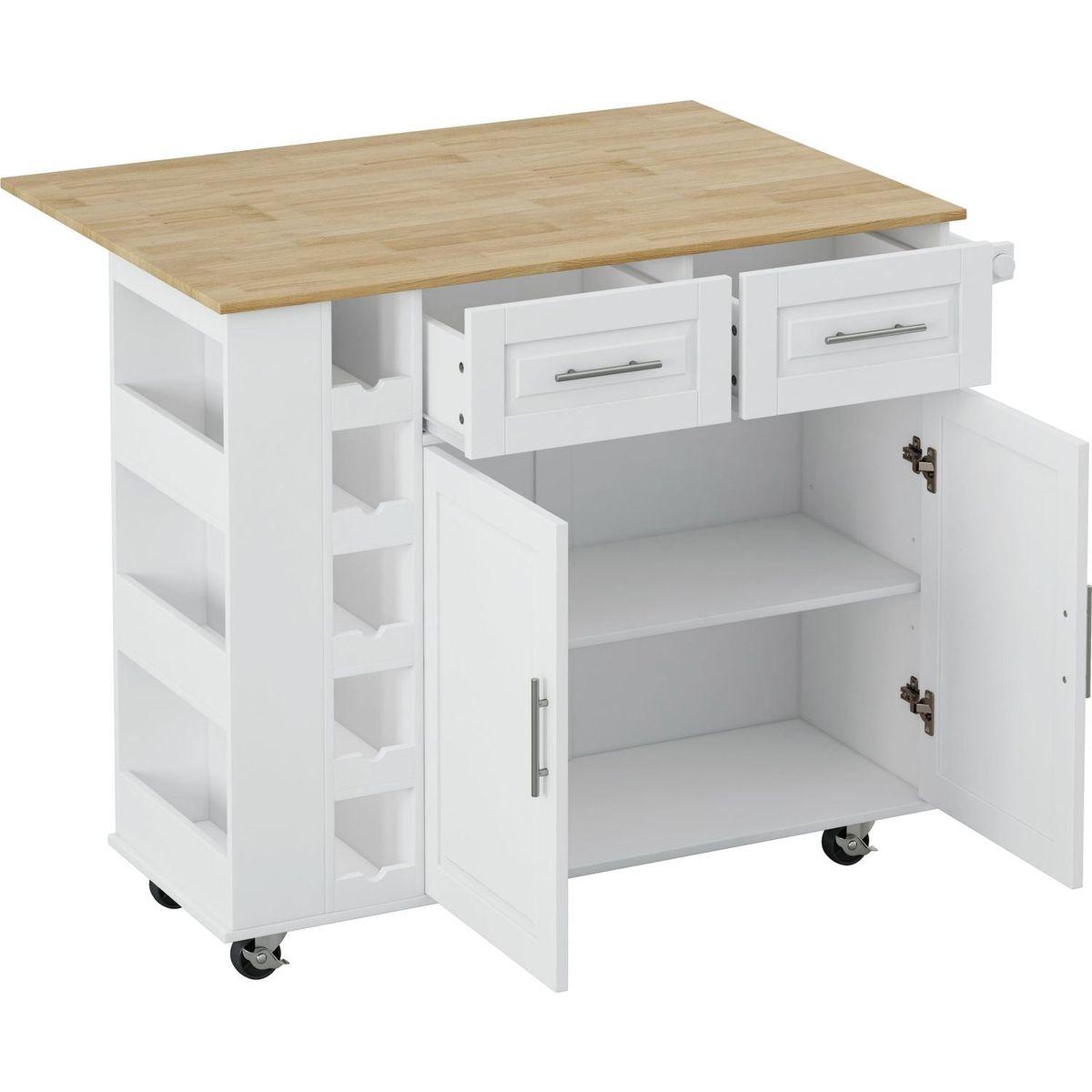 Multi-Functional Kitchen Island Cart with 2 Door Cabinet and Two Drawers,Spice Rack, Towel Holder, Wine Rack, and Foldable Rubberwood Table Top (White)