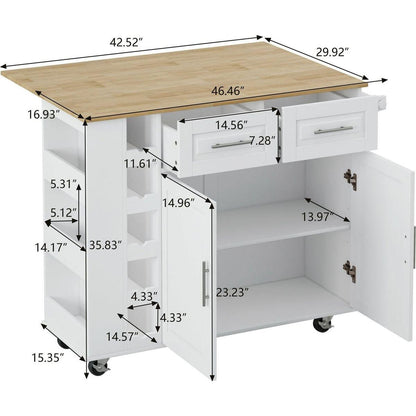 Multi-Functional Kitchen Island Cart with 2 Door Cabinet and Two Drawers,Spice Rack, Towel Holder, Wine Rack, and Foldable Rubberwood Table Top (White)
