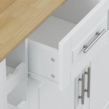 Multi-Functional Kitchen Island Cart with 2 Door Cabinet and Two Drawers,Spice Rack, Towel Holder, Wine Rack, and Foldable Rubberwood Table Top (White)