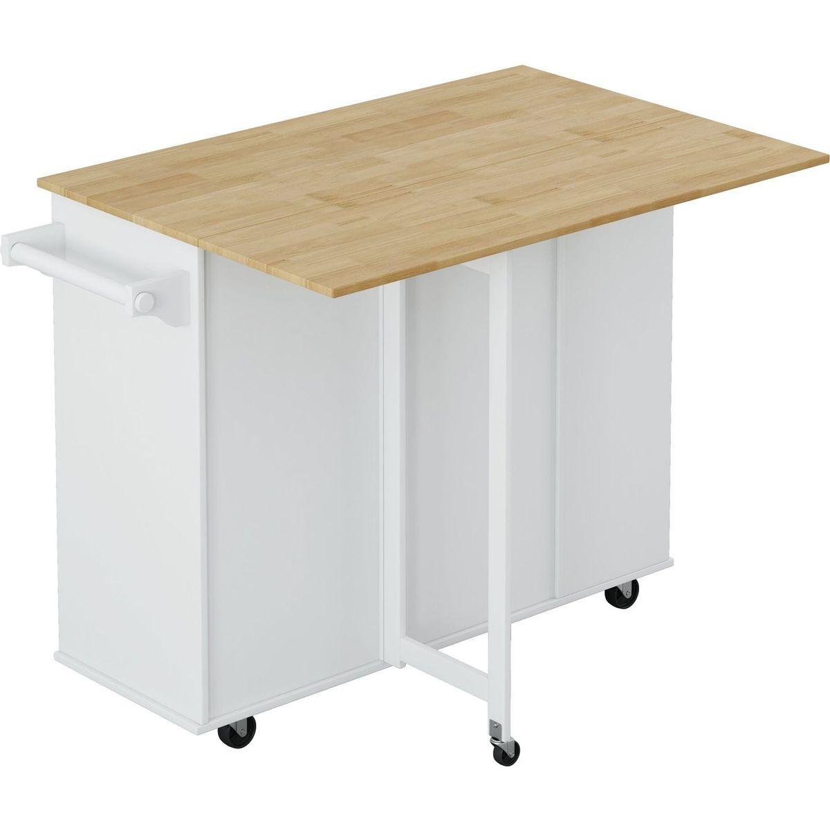 Multi-Functional Kitchen Island Cart with 2 Door Cabinet and Two Drawers,Spice Rack, Towel Holder, Wine Rack, and Foldable Rubberwood Table Top (White)