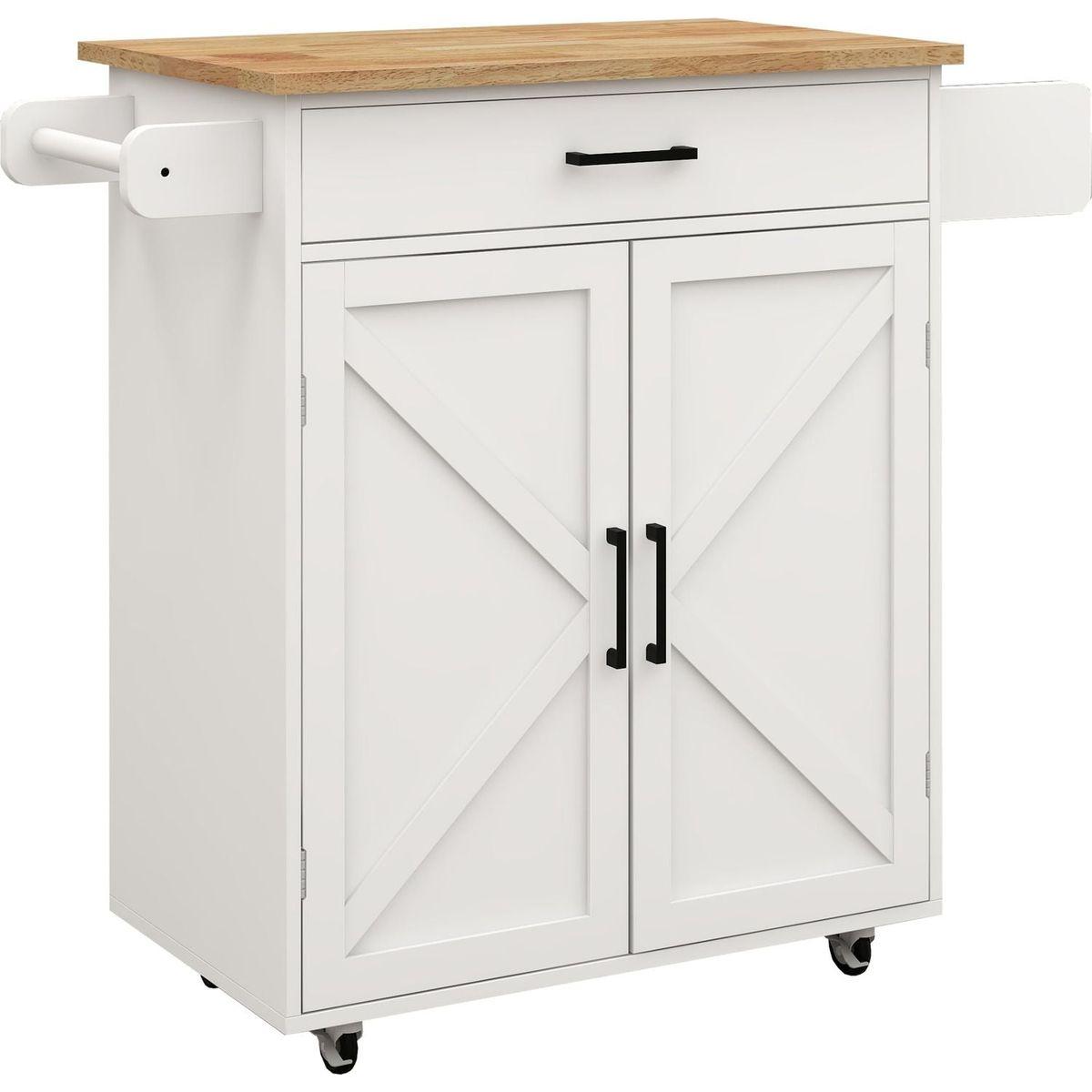 Kitchen island rolling trolley cart with Adjustable Shelves & towel rack & seasoning rack rubber wood table top-White