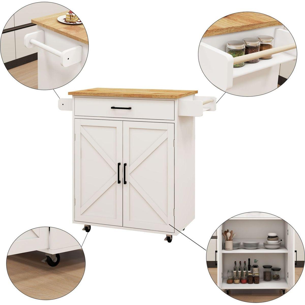 Kitchen island rolling trolley cart with Adjustable Shelves & towel rack & seasoning rack rubber wood table top-White