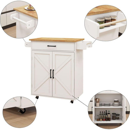 Kitchen island rolling trolley cart with Adjustable Shelves & towel rack & seasoning rack rubber wood table top-White