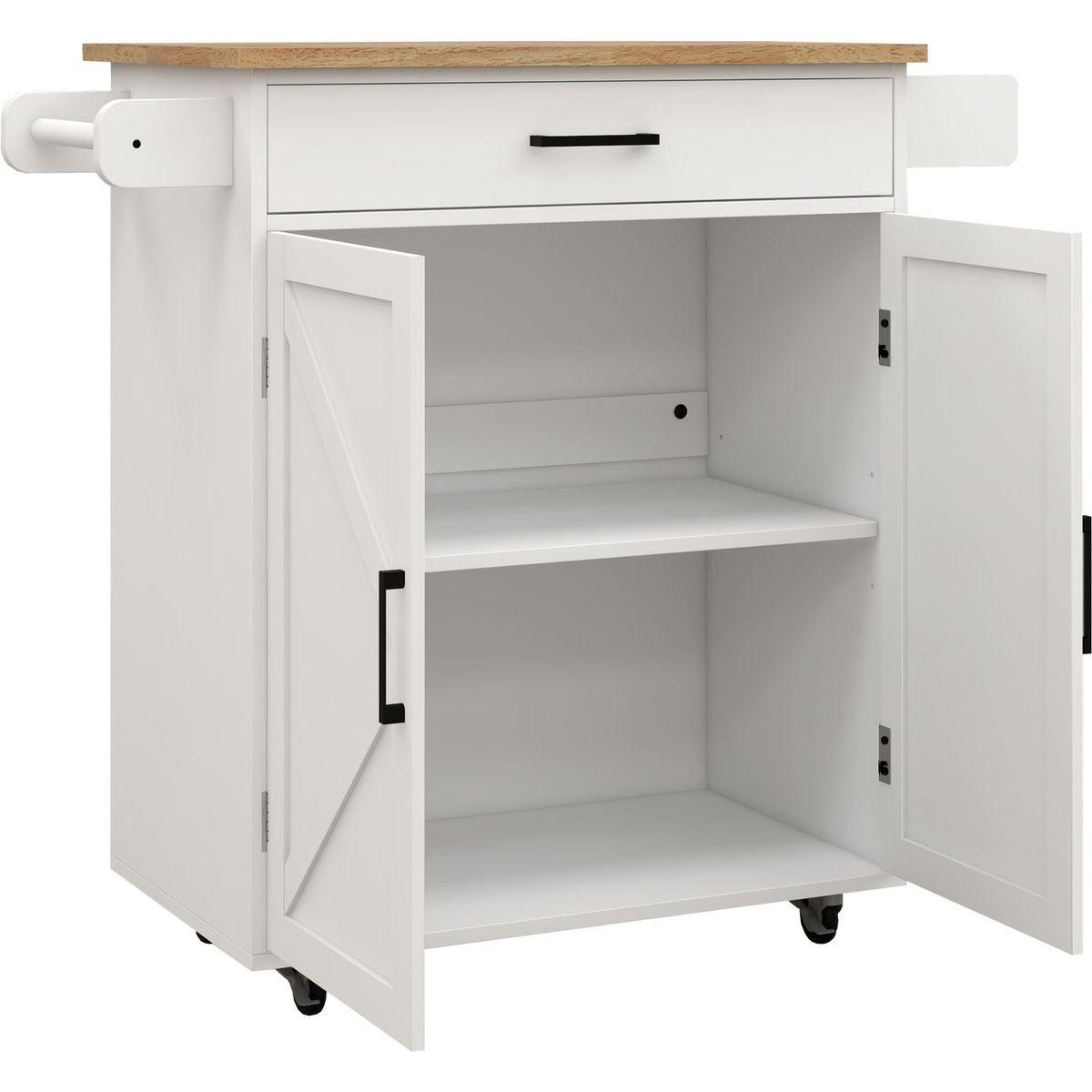 Kitchen island rolling trolley cart with Adjustable Shelves & towel rack & seasoning rack rubber wood table top-White