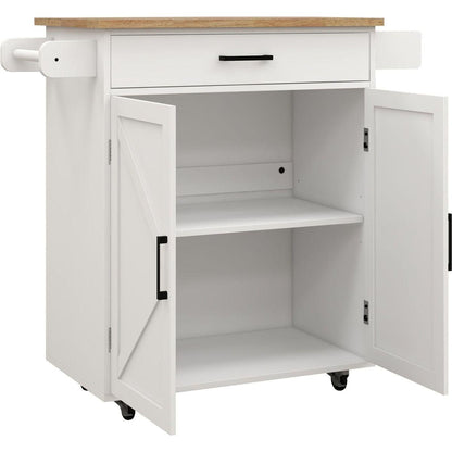 Kitchen island rolling trolley cart with Adjustable Shelves & towel rack & seasoning rack rubber wood table top-White