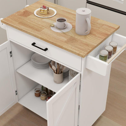 Kitchen island rolling trolley cart with Adjustable Shelves & towel rack & seasoning rack rubber wood table top-White