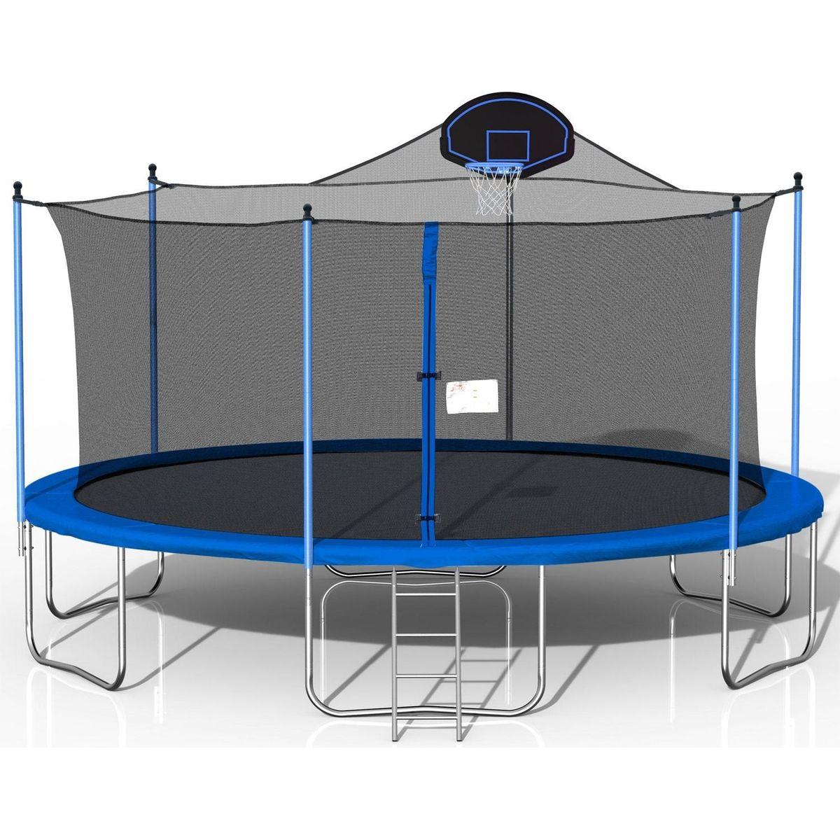 16FT Trampoline for Adults & Kids with Basketball Hoop, Double-sided cover,Outdoor Trampolines w/Ladder and Safety Enclosure Net for Kids and Adults
