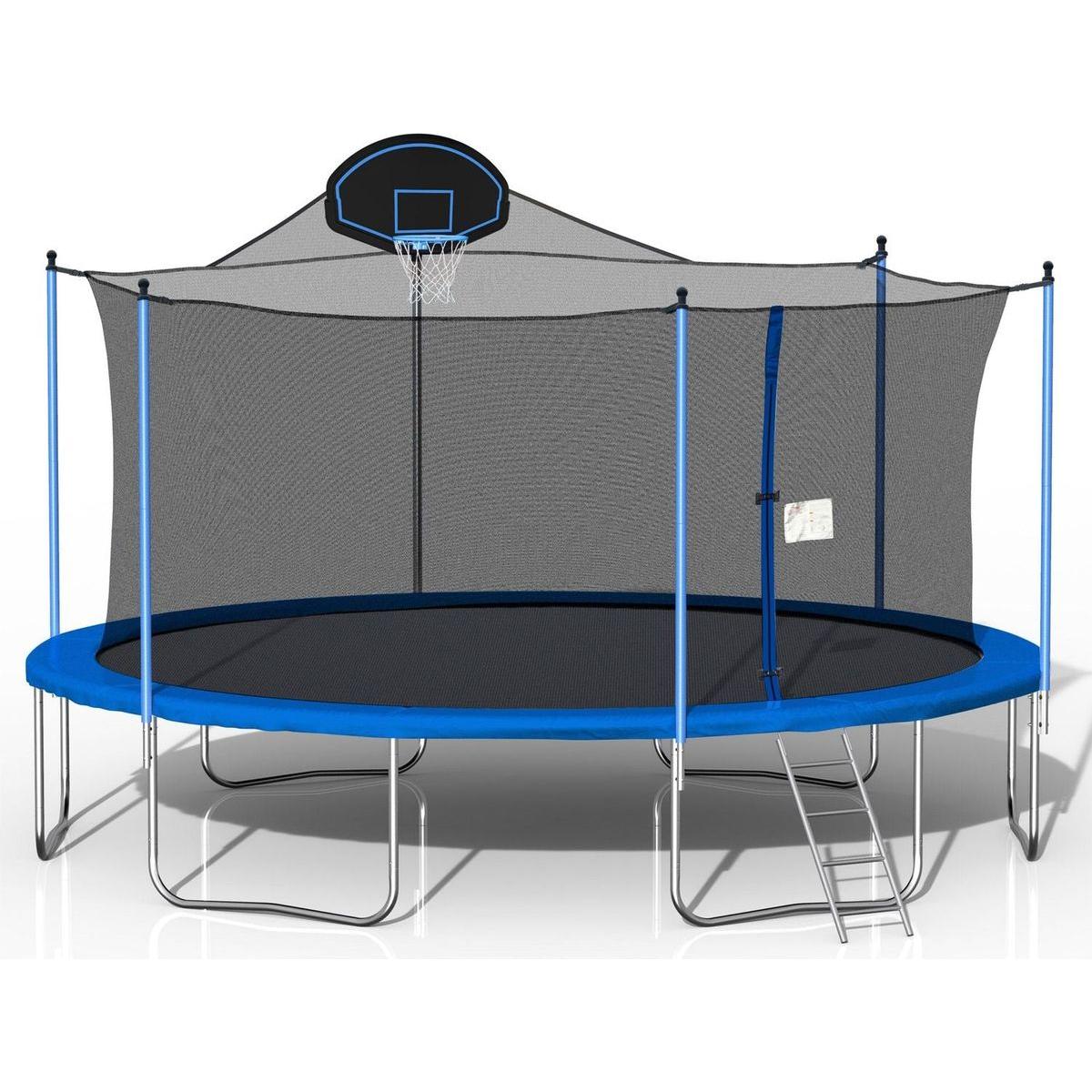16FT Trampoline for Adults & Kids with Basketball Hoop, Double-sided cover,Outdoor Trampolines w/Ladder and Safety Enclosure Net for Kids and Adults