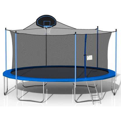16FT Trampoline for Adults & Kids with Basketball Hoop, Double-sided cover,Outdoor Trampolines w/Ladder and Safety Enclosure Net for Kids and Adults