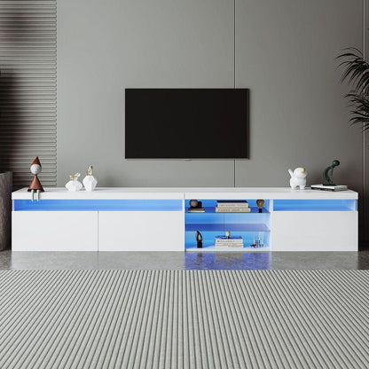 Unique Design TV Stand with 2 Glass Shelves, Ample Storage Space Media Console for TVs Up to 100", Versatile TV Cabinet with LED Color Changing Lights for Living Room, White