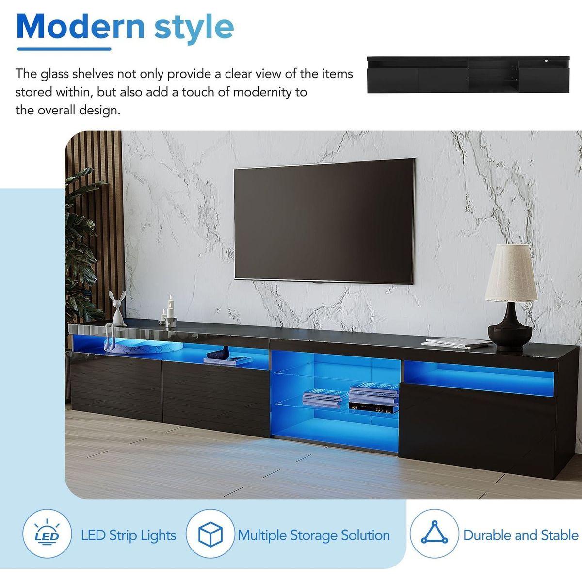 Unique Design TV Stand with 2 Glass Shelves, Ample Storage Space Media Console for TVs Up to 100", Versatile TV Cabinet with LED Color Changing Lights for Living Room, Black