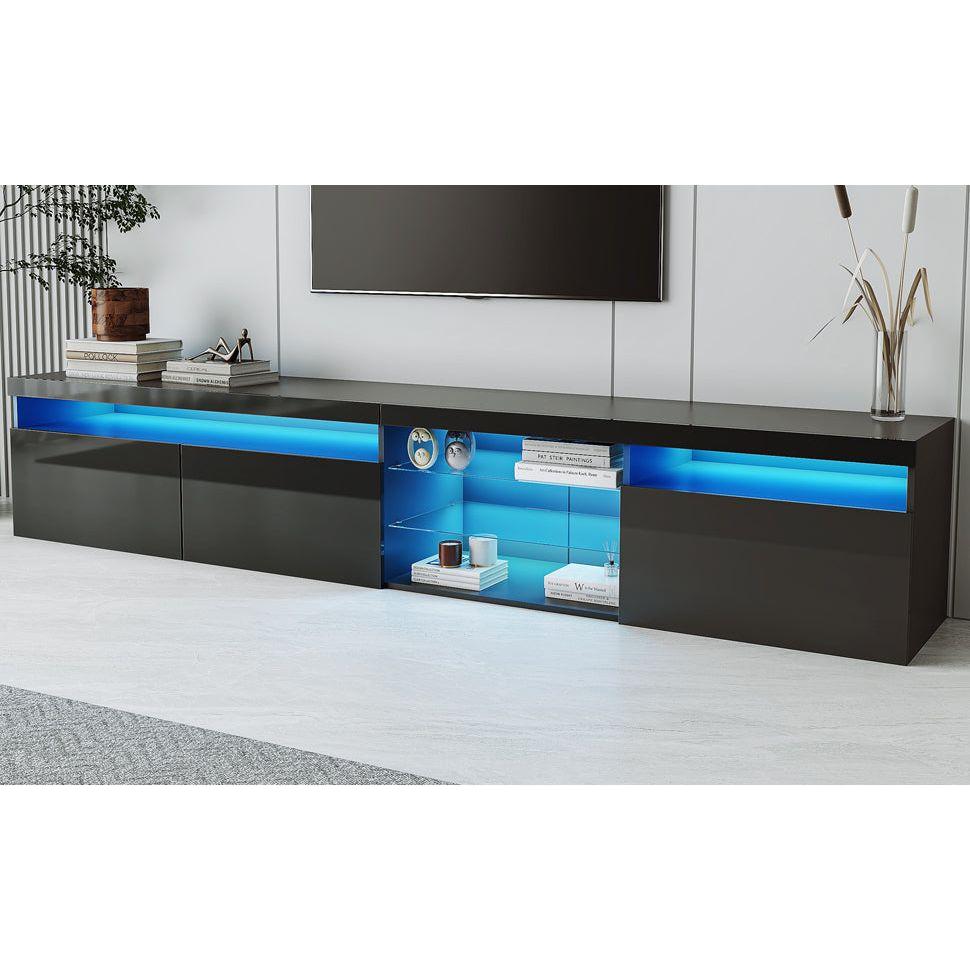 Unique Design TV Stand with 2 Glass Shelves, Ample Storage Space Media Console for TVs Up to 100", Versatile TV Cabinet with LED Color Changing Lights for Living Room, Black