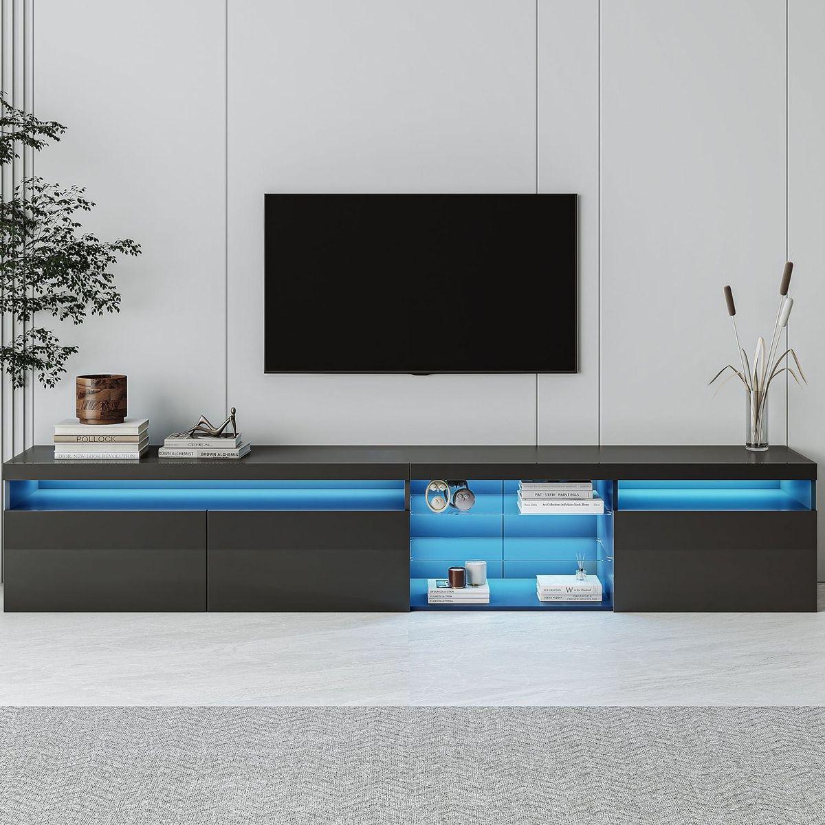 Unique Design TV Stand with 2 Glass Shelves, Ample Storage Space Media Console for TVs Up to 100", Versatile TV Cabinet with LED Color Changing Lights for Living Room, Black