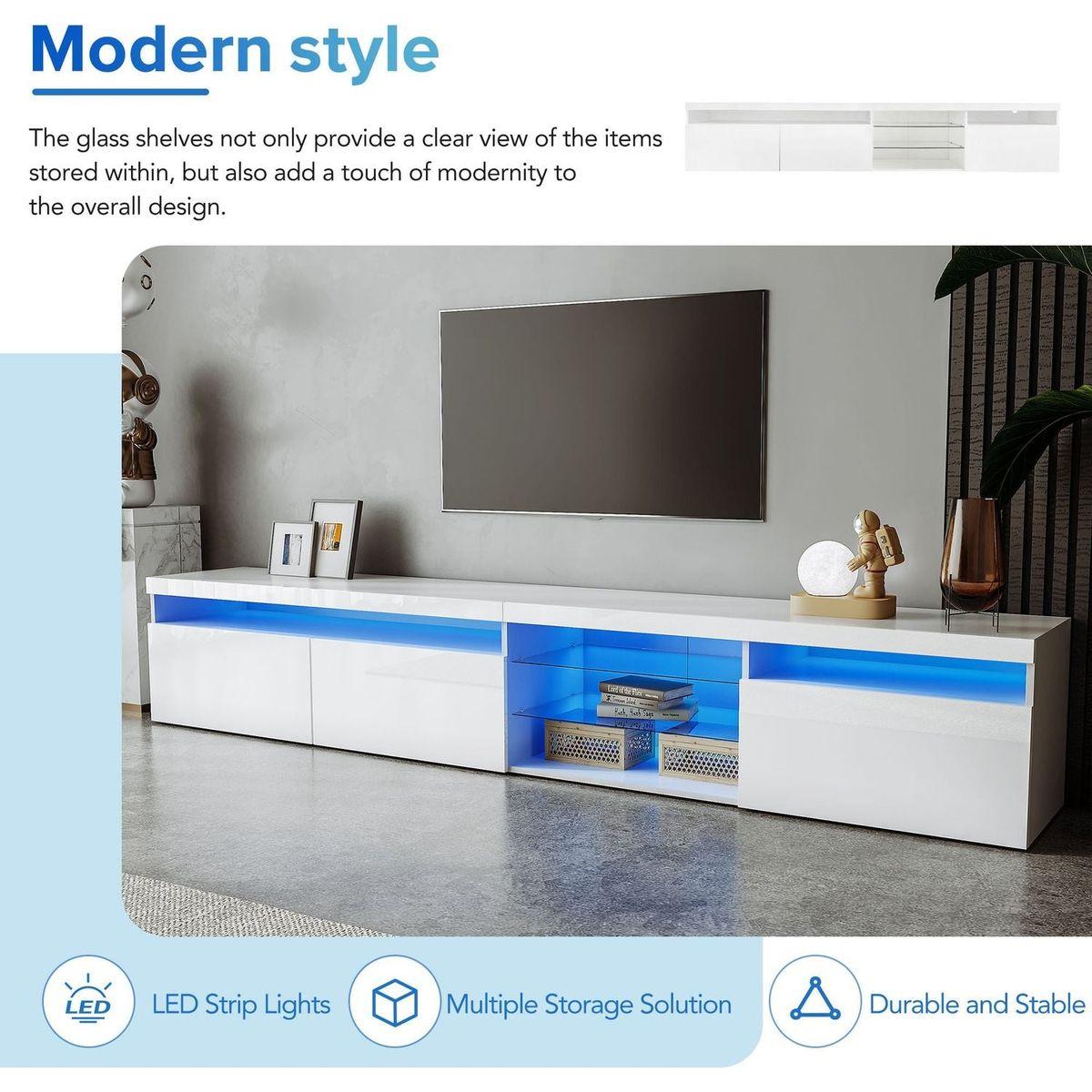 Unique Design TV Stand with 2 Glass Shelves, Ample Storage Space Media Console for TVs Up to 100", Versatile TV Cabinet with LED Color Changing Lights for Living Room, White