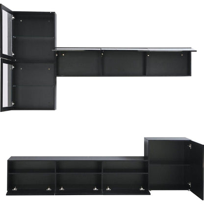 High Gloss TV Stand with Ample Storage Space, Media Console for TVs Up to 75", Versatile Entertainment Center with Wall Mounted Floating Storage Cabinets for Living Room, Black