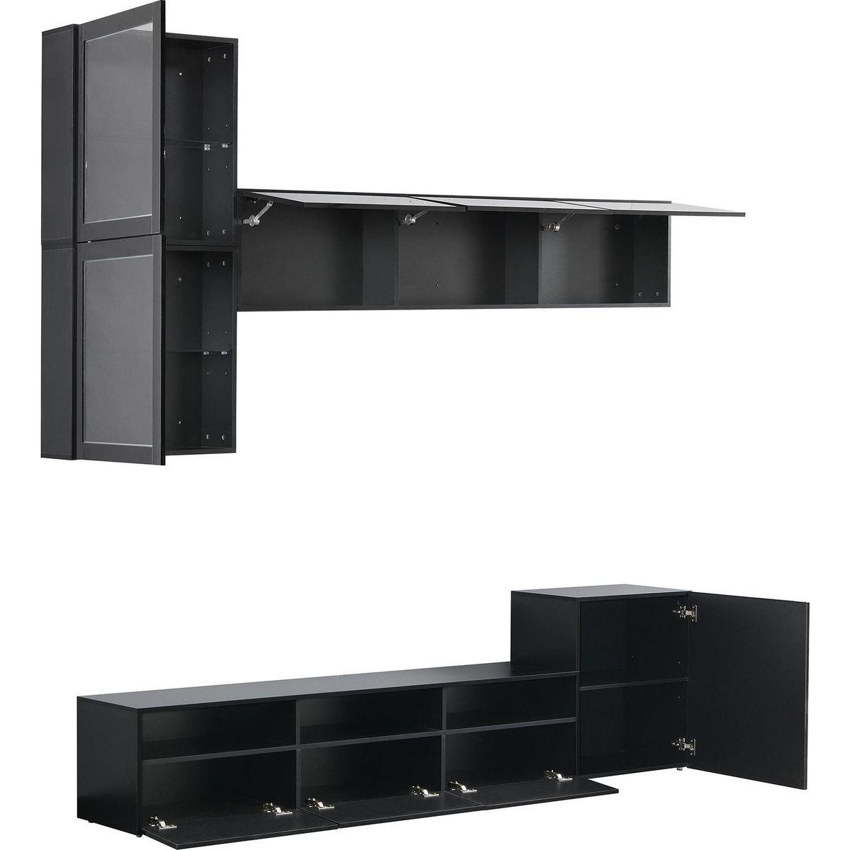 High Gloss TV Stand with Ample Storage Space, Media Console for TVs Up to 75", Versatile Entertainment Center with Wall Mounted Floating Storage Cabinets for Living Room, Black