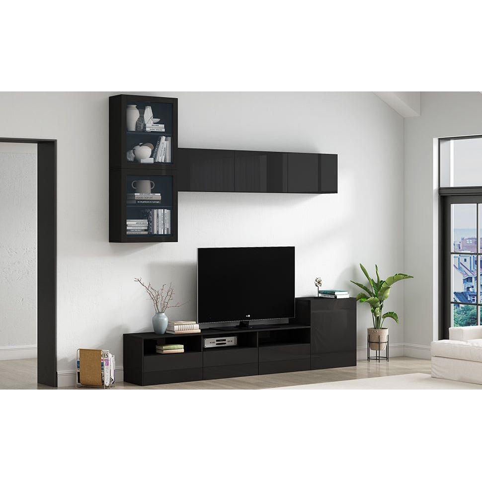 High Gloss TV Stand with Ample Storage Space, Media Console for TVs Up to 75", Versatile Entertainment Center with Wall Mounted Floating Storage Cabinets for Living Room, Black