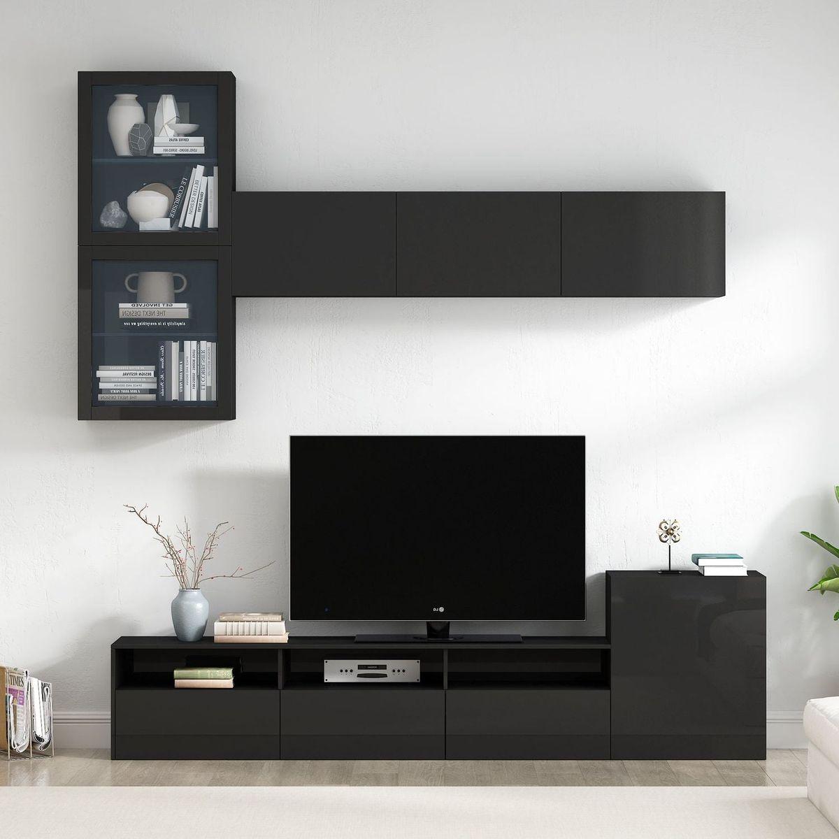 High Gloss TV Stand with Ample Storage Space, Media Console for TVs Up to 75", Versatile Entertainment Center with Wall Mounted Floating Storage Cabinets for Living Room, Black