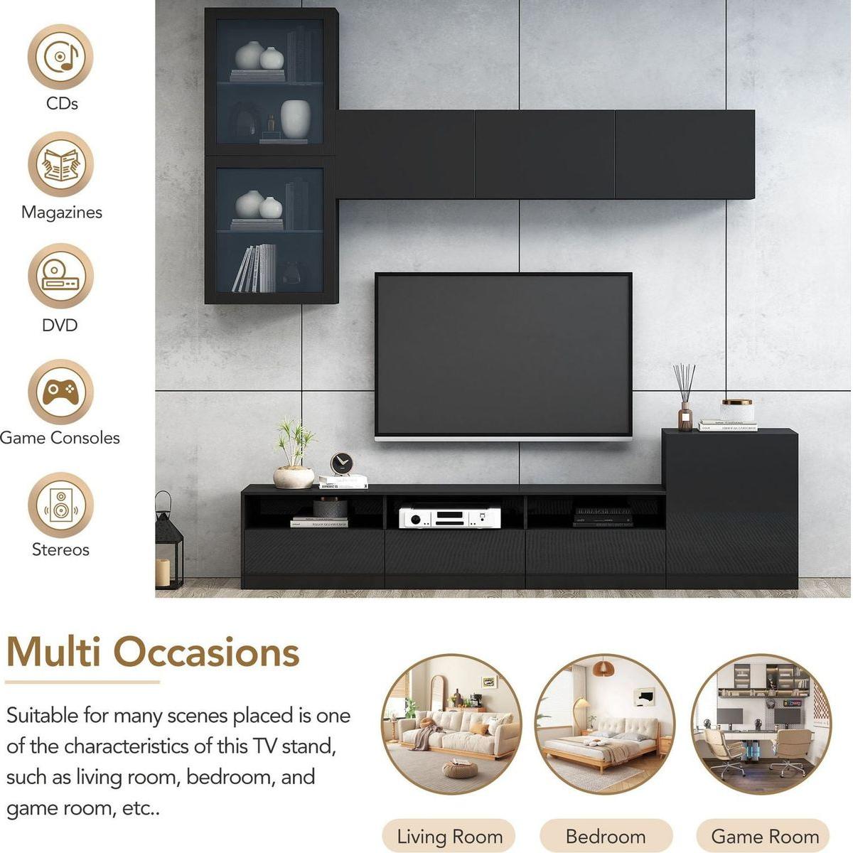 High Gloss TV Stand with Ample Storage Space, Media Console for TVs Up to 75", Versatile Entertainment Center with Wall Mounted Floating Storage Cabinets for Living Room, Black