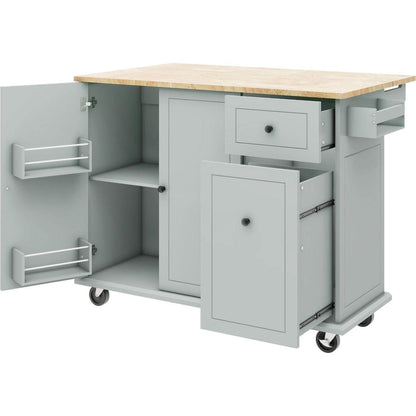 Kitchen Island with Drop Leaf, 53.9" Width Rolling Kitchen Cart on Wheels with Internal Storage Rack and 3 Tier Pull Out Cabinet Organizer, Kitchen Storage Cart with Spice Rack, Towel Rack (Grey Blue)