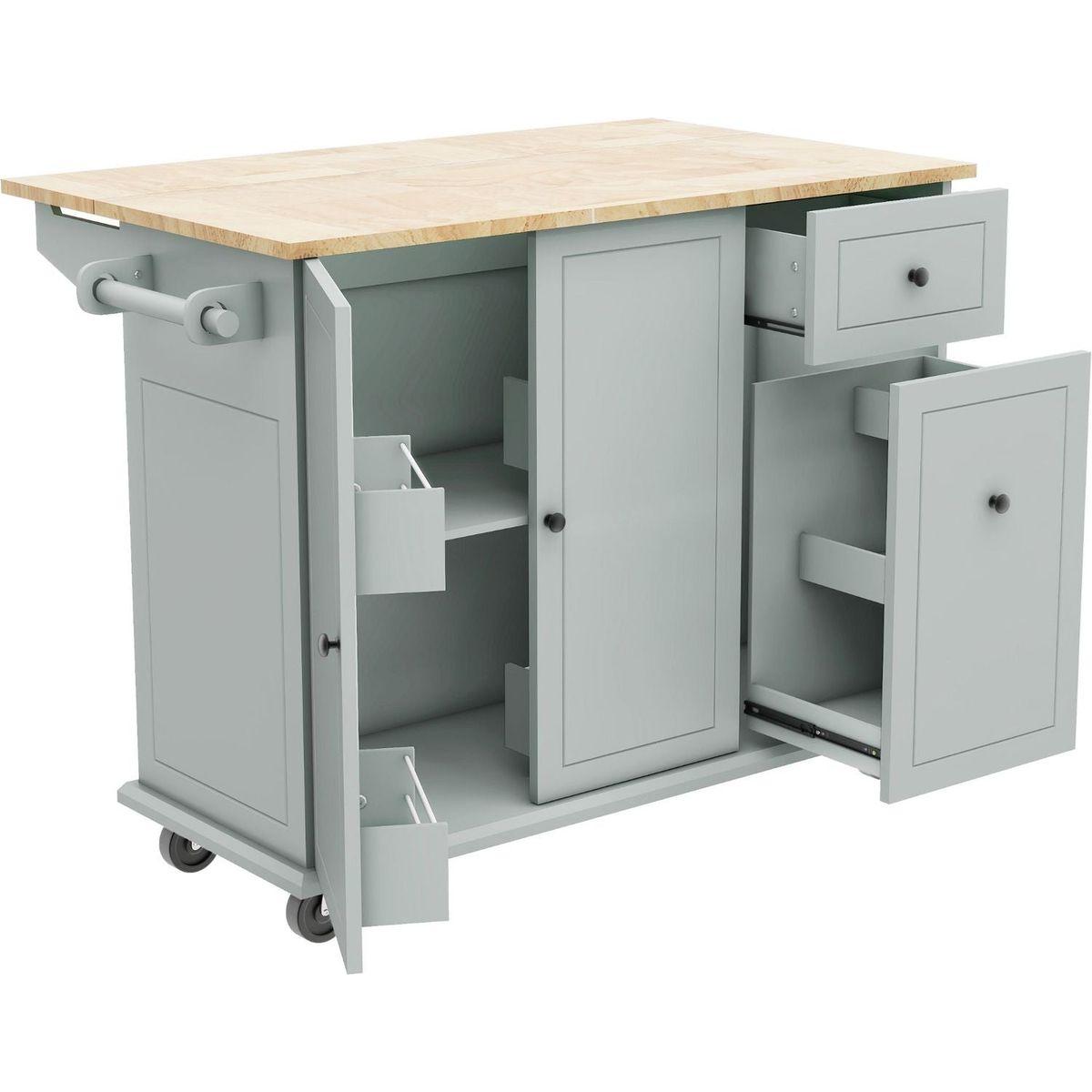 Kitchen Island with Drop Leaf, 53.9" Width Rolling Kitchen Cart on Wheels with Internal Storage Rack and 3 Tier Pull Out Cabinet Organizer, Kitchen Storage Cart with Spice Rack, Towel Rack (Grey Blue)