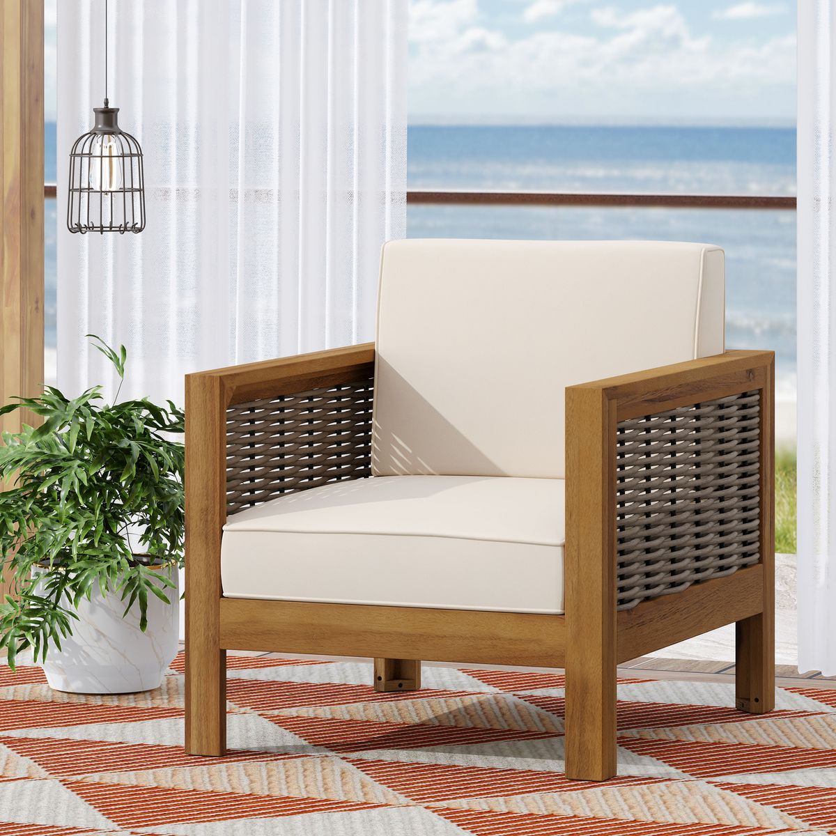 Outdoor Acacia Wood Club Chair with Wicker Accents, Teak Finish + Mixed Brown + Beige, 30.25'D x 27.5'W x 23.75'H