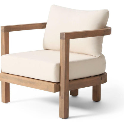 Outdoor Acacia Wood Patio Club Chair, Patio Furniture,Waterproof Thick Cushion Deep Seating for Porch, Garden, Backyard, Balcony, Weight Capacity 400lbs, Brown wash, Beige cushion