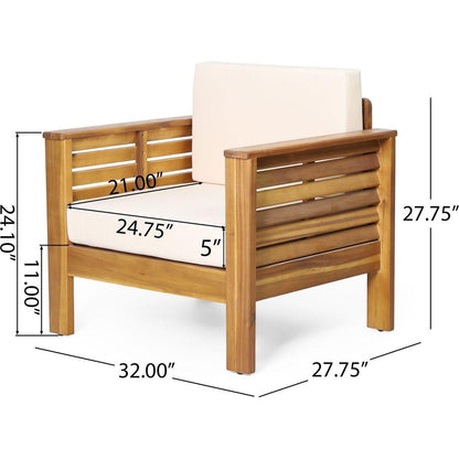 (Set of 2) Outdoor Acacia Wood Club Chairs with Cushions, Teak+Beige, 27.75"D x 32"W x 27.75"H