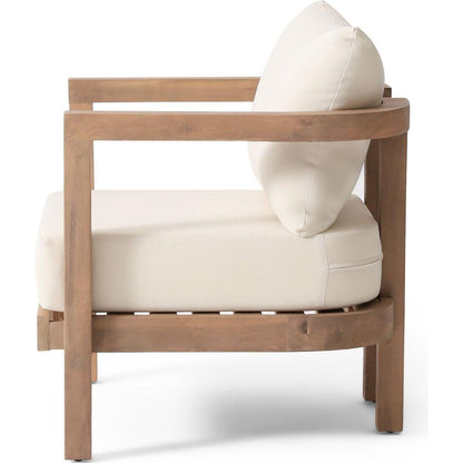 Outdoor Acacia Wood Patio Club Chair, Patio Furniture,Waterproof Thick Cushion Deep Seating for Porch, Garden, Backyard, Balcony, Weight Capacity 400lbs, Brown wash, Beige cushion