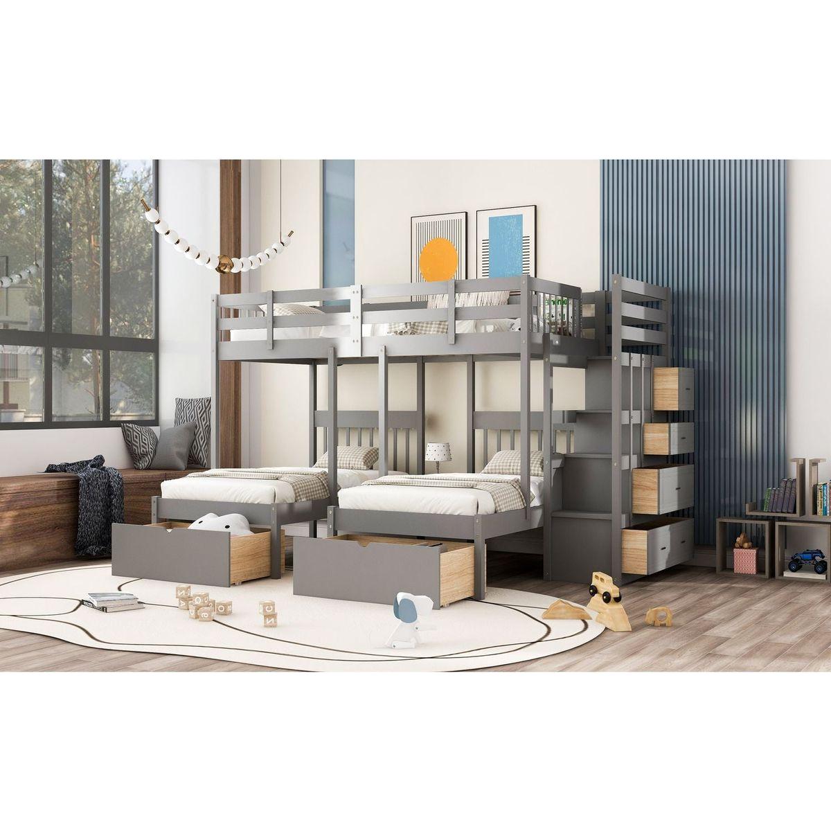 Full Over Twin & Twin Bunk Bed, Wood Triple Bunk Bed with Drawers and Guardrails (Gray)