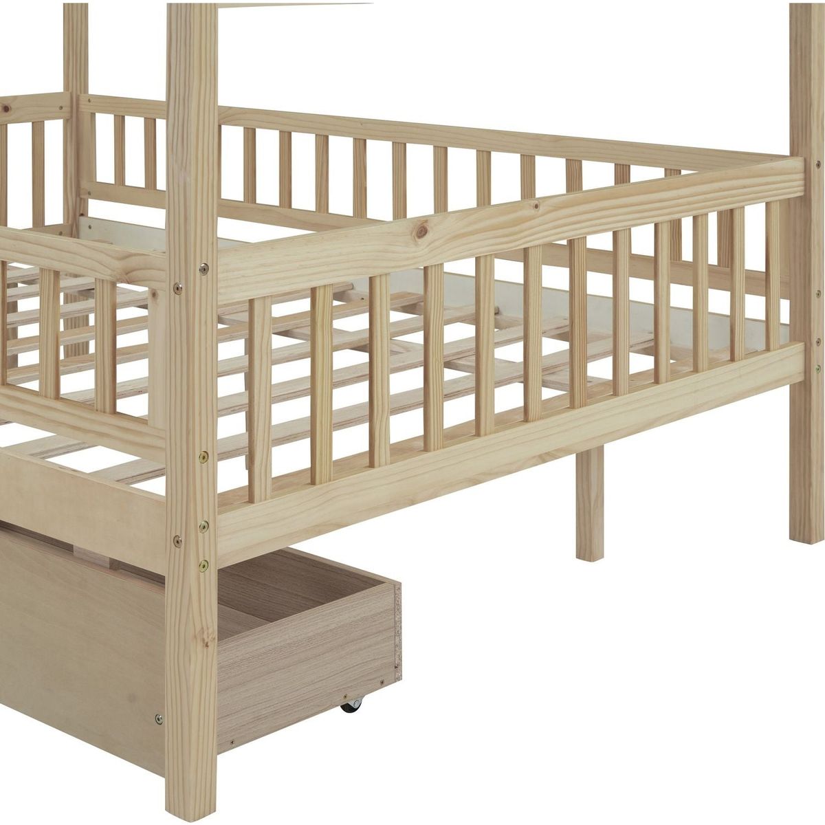 Full Size Wooden House Bed with Two Drawers, Natural