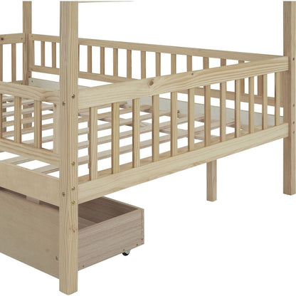 Full Size Wooden House Bed with Two Drawers, Natural