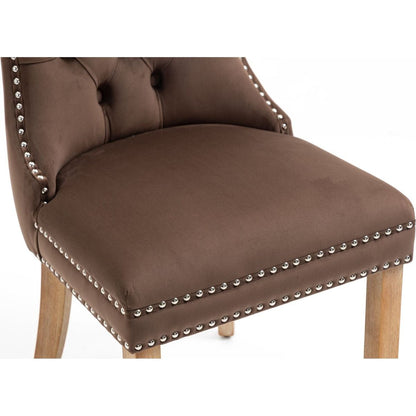 Upholstered Button Tufted Back Brown Velvet Dining Chair with Nailhead Trim and Brushed Solid Wood Legs 2 Sets