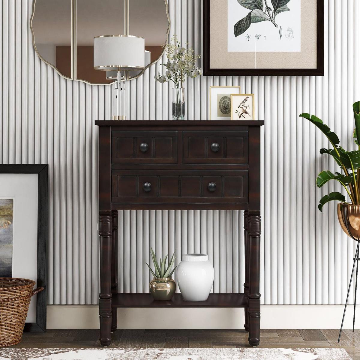 Narrow Console Table, Slim Sofa Table with Three Storage Drawers and Bottom Shelf for Living Room, Easy Assembly (Espresso) - Streamdale Furniture