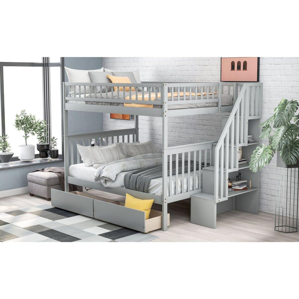 Full over Full Bunk Bed with Two Drawers and Storage, Gray