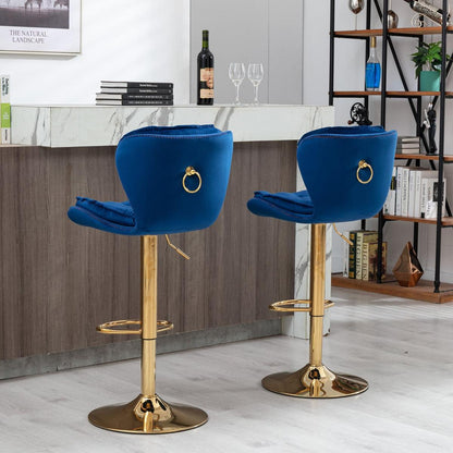 Set of 2 Bar Stools, with Chrome Footrest and Base Swivel Height Adjustable Mechanical Lifting Velvet + Golden Leg Simple Bar - Streamdale Furniture