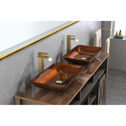 22.5" L -L -14.5" W -4 1/2 in. Handmade Glass Rectangle Vessel Bathroom Sink Set in Rich Chocolate Brown Finish with gold Faucet and gold Pop Up Drain