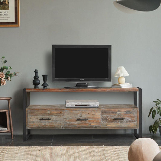 60 inch Reclaimed wood Media TV Console table with 3 Drarwer, Open Shelf, Antique finish