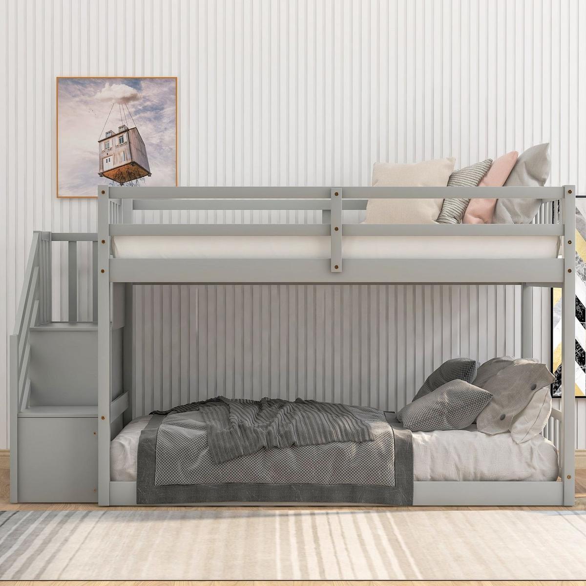 Twin over Twin Floor Bunk Bed, Ladder with Storage, Gray - Streamdale Furniture