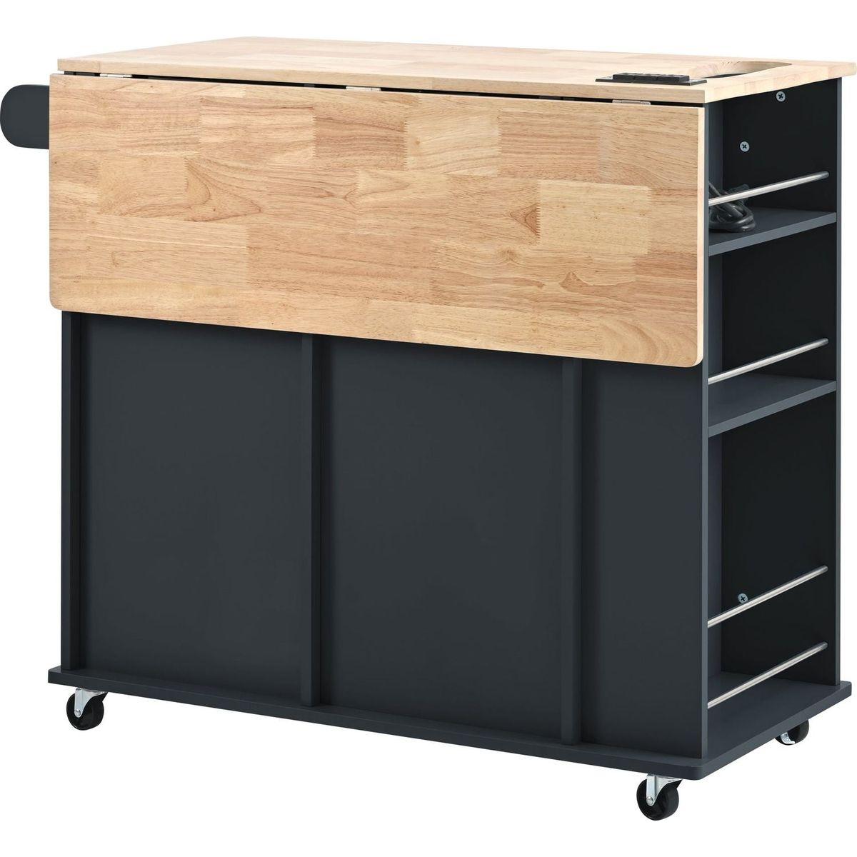 Kitchen Island with Power Outlet,Kitchen Storage Island with Drop Leaf and Rubber Wood,Open Storage and Wine Rack,5 Wheels,with Adjustable Storage for Home, Kitchen, and Dining Room, Black